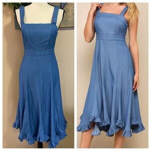 NWOT Lulus Darling Time Blue Chambray Handkerchief Midi Dress With Pocke…